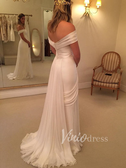Chiffon Beach Wedding Dresses with Slit Off the Shoulder VW1202-wedding dresses 2025 -Viniodress-Ivory-Custom Size-