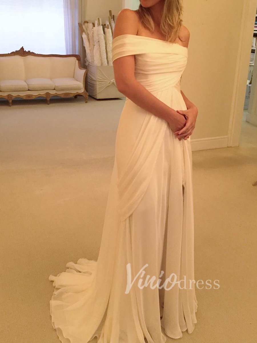 Chiffon Beach Wedding Dresses with Slit Off the Shoulder VW1202-wedding dresses 2025 -Viniodress-Ivory-Custom Size-