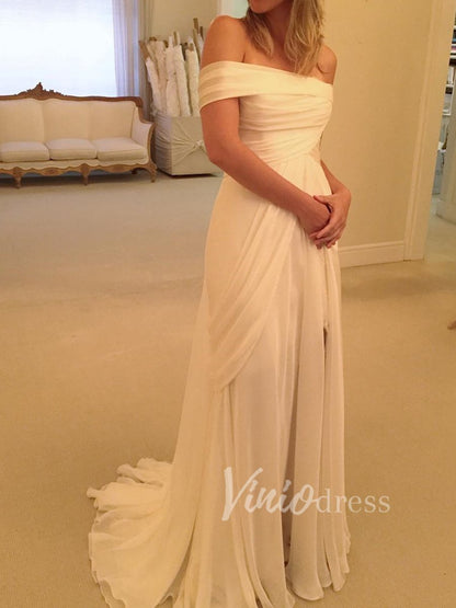 Chiffon Beach Wedding Dresses with Slit Off the Shoulder VW1202-wedding dresses 2025 -Viniodress-Ivory-Custom Size-