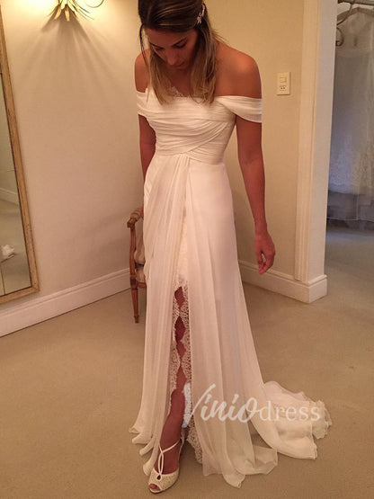 Chiffon Beach Wedding Dresses with Slit Off the Shoulder VW1202-wedding dresses 2025 -Viniodress-Ivory-Custom Size-