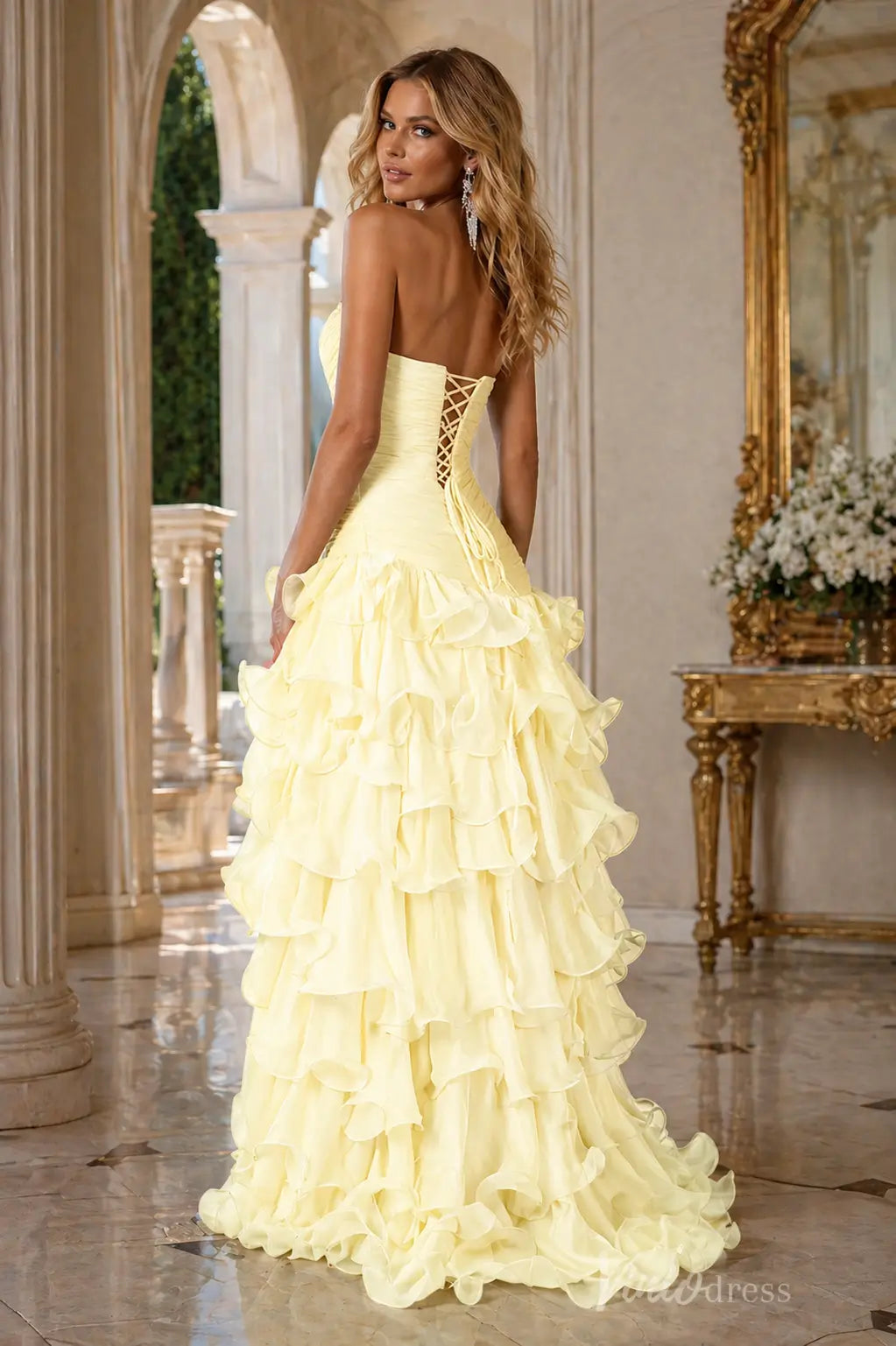 Chiffon Ruffle Prom Dress with Ruched Sweetheart Bodice & High Slit – RF048-prom dresses 2026-Viniodress-Butter Yellow-Custom Size – Add Measurements in Cart-