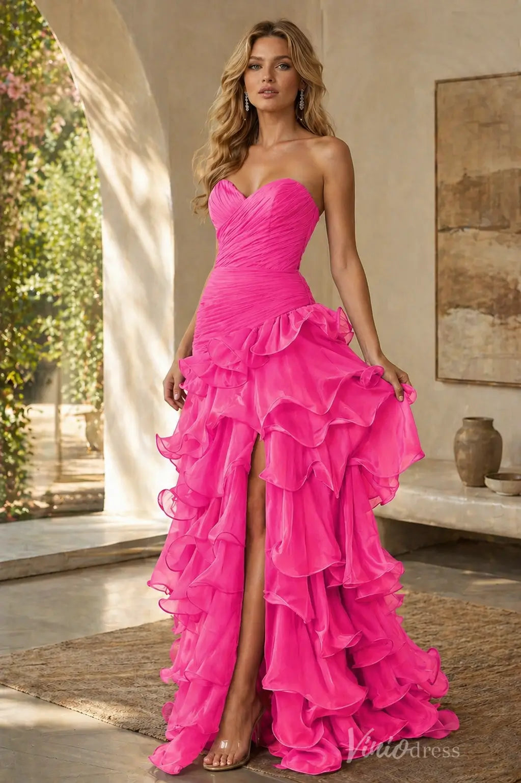 Chiffon Ruffle Prom Dress with Ruched Sweetheart Bodice & High Slit – RF048-prom dresses 2026-Viniodress-Butter Yellow-Custom Size – Add Measurements in Cart-
