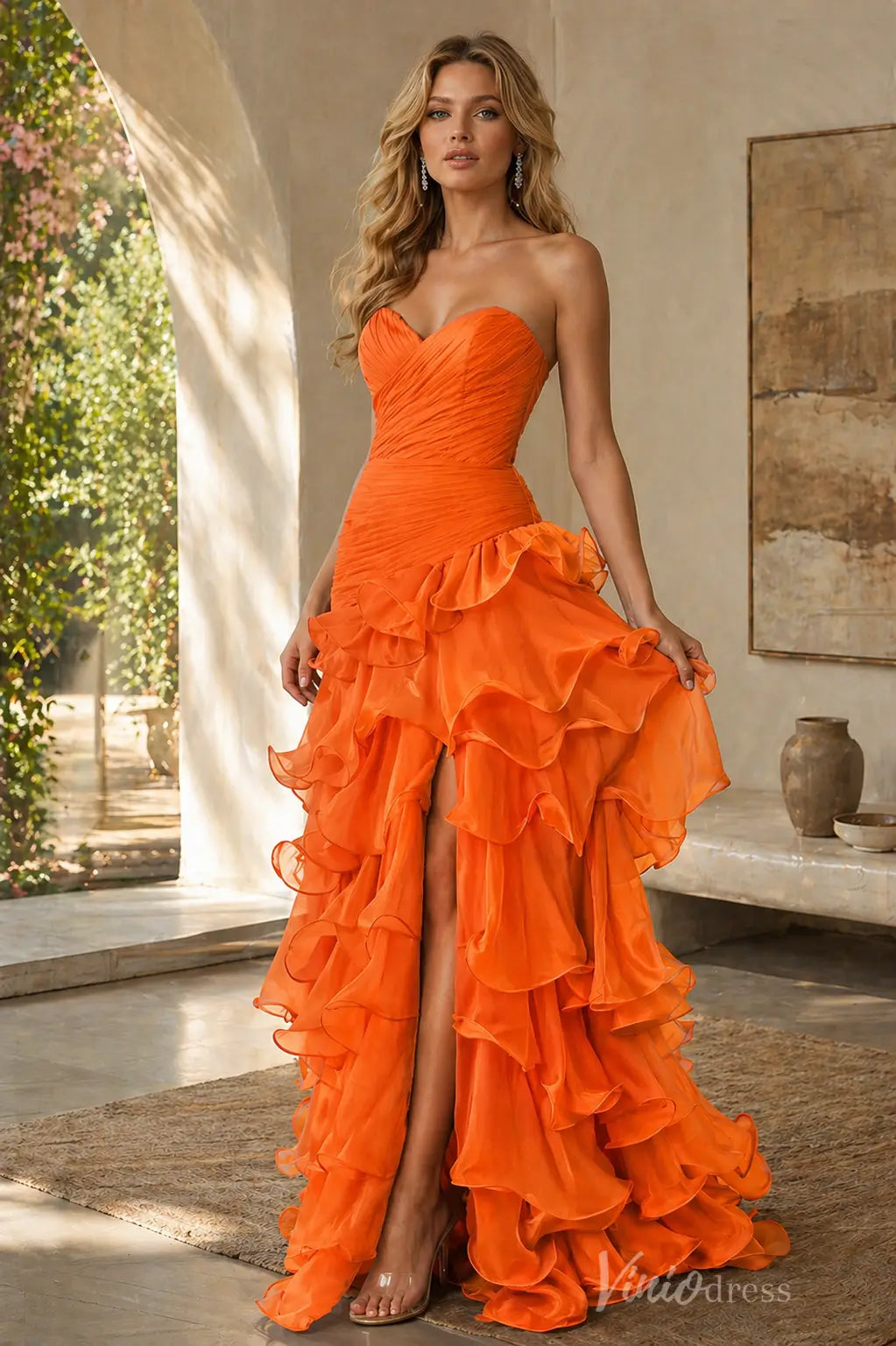 Chiffon Ruffle Prom Dress with Ruched Sweetheart Bodice & High Slit – RF048-prom dresses 2026-Viniodress-Butter Yellow-Custom Size – Add Measurements in Cart-