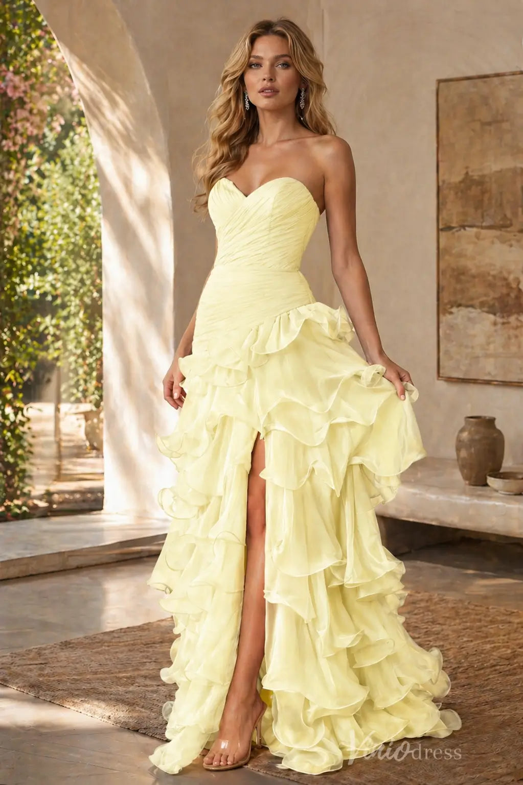 Chiffon Ruffle Prom Dress with Ruched Sweetheart Bodice & High Slit – RF048-prom dresses 2026-Viniodress-Butter Yellow-Custom Size – Add Measurements in Cart-