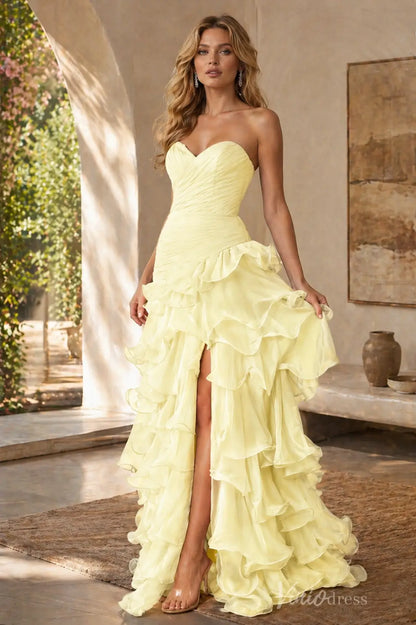 Chiffon Ruffle Prom Dress with Ruched Sweetheart Bodice & High Slit – RF048-prom dresses 2026-Viniodress-Butter Yellow-Custom Size – Add Measurements in Cart-