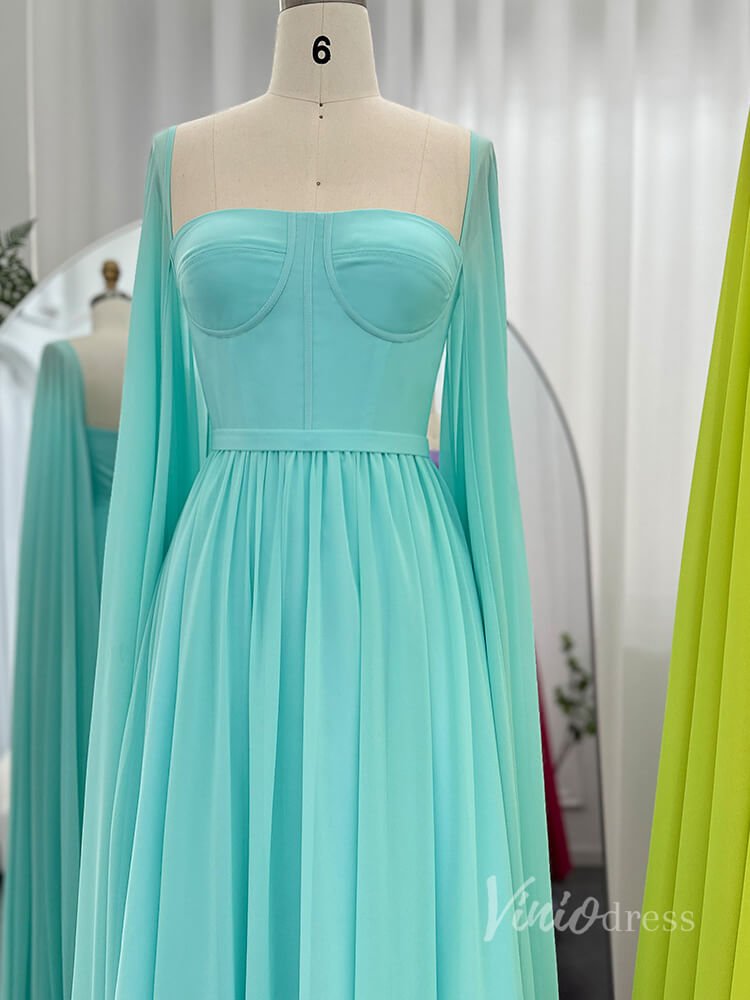 Chiffon Sheath Extra Long Sleeve Prom Dresses Mother of the Bride Dress AD1184-prom dresses 2025 -Viniodress-Aqua-US 2-