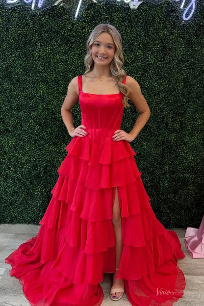 Chiffon Tiered Ruffle Prom Dresses with Satin Corset Bodice, Square Neck & High Slit – RF326-prom dresses 2026-Viniodress-Red-US 0-