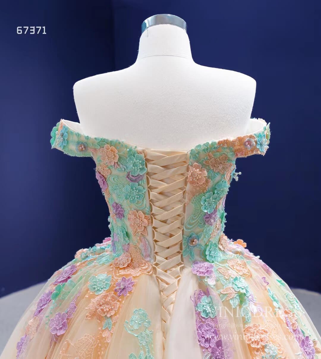 Cinderella Ball Gown Floral Off Shoulder Quince Dresses VINIODRESS viniodress-Quinceanera Dresses 2025 -Viniodress-Champagne-Custom Size-
