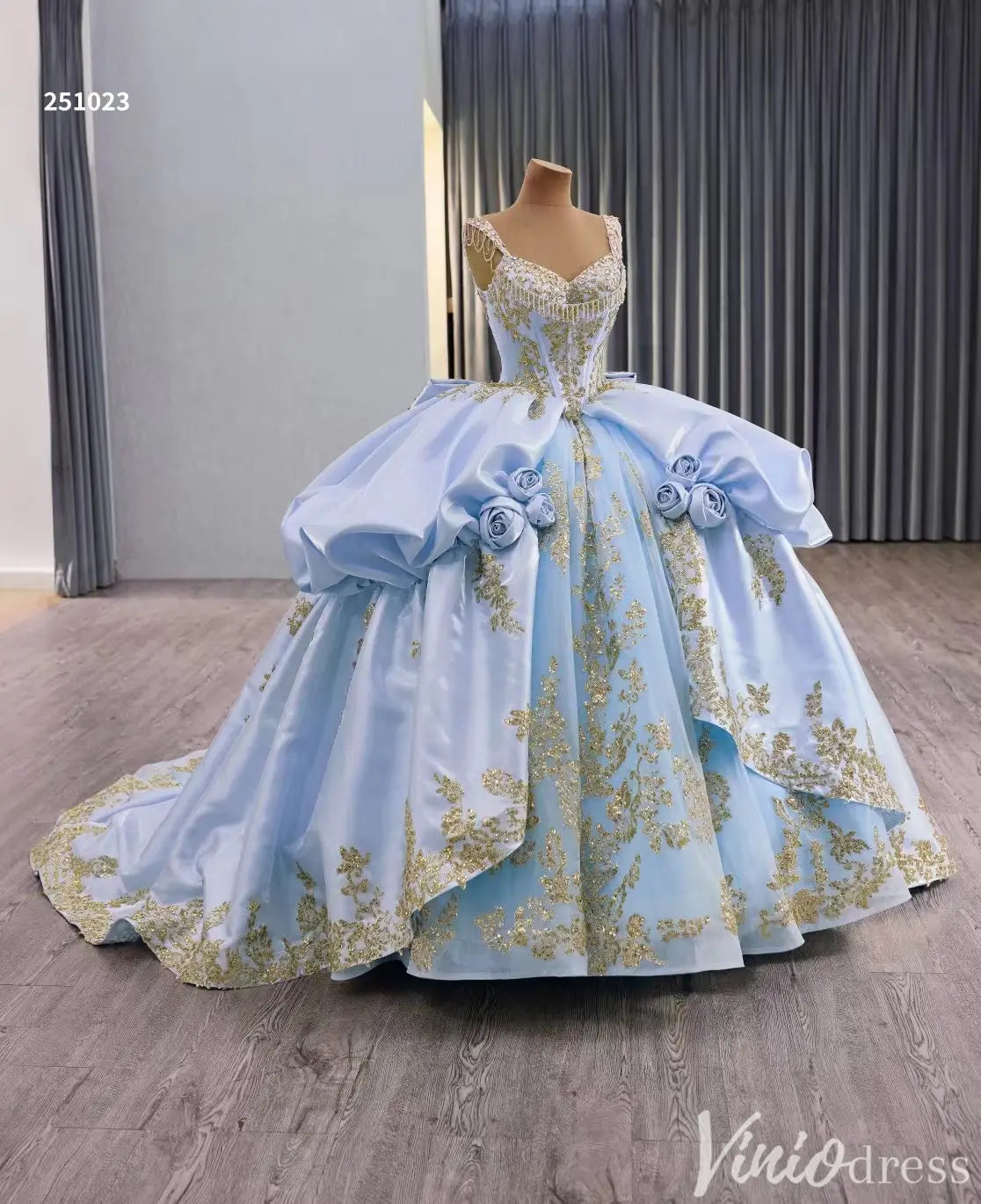 Cinderella Blue and Gold Quinceañera Dress with Overskirt and Rosettes – Style 251023-Quinceanera Dresses 2025 -Viniodress-Light Blue-Custom Size-