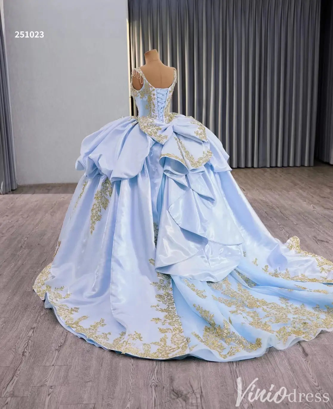 Cinderella Blue and Gold Quinceañera Dress with Overskirt and Rosettes – Style 251023-Quinceanera Dresses 2025 -Viniodress-Light Blue-Custom Size-