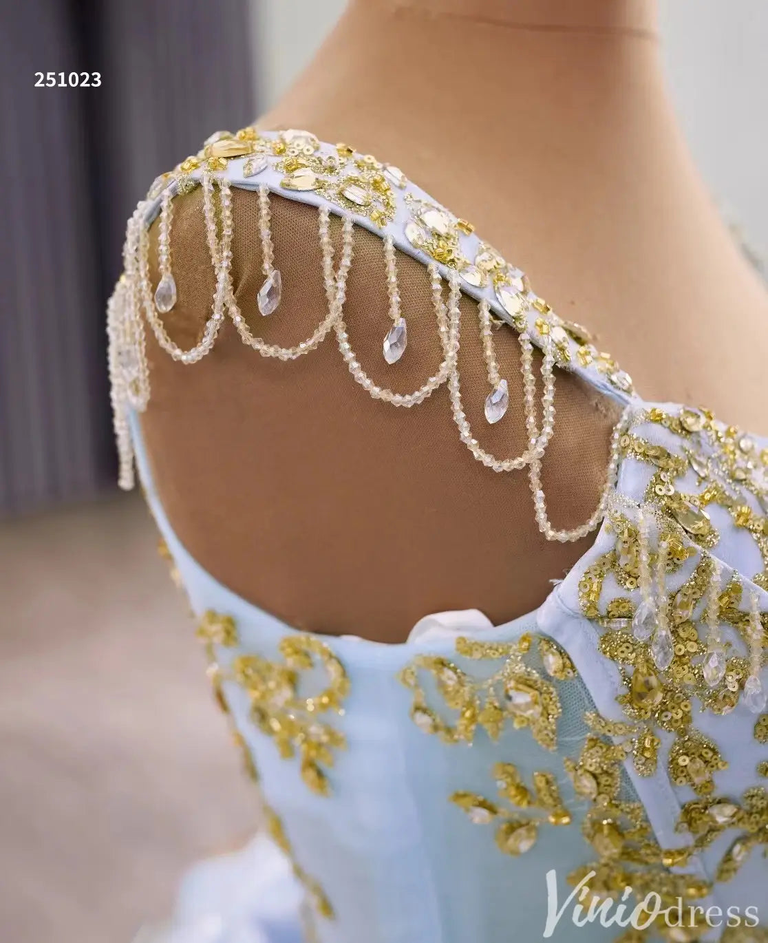 Cinderella Blue and Gold Quinceañera Dress with Overskirt and Rosettes – Style 251023-Quinceanera Dresses 2025 -Viniodress-Light Blue-Custom Size-