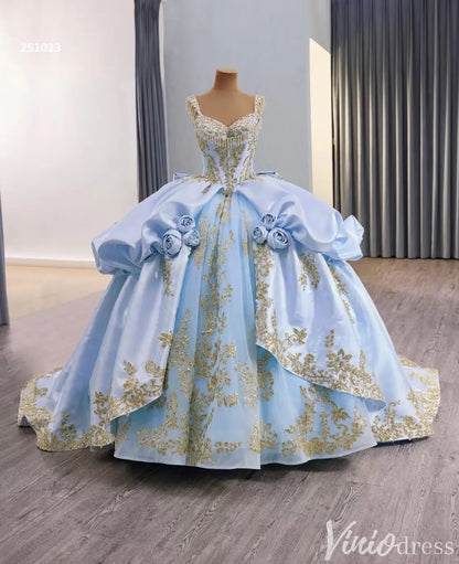 Cinderella Blue and Gold Quinceañera Dress with Overskirt and Rosettes – Style 251023-Quinceanera Dresses 2025 -Viniodress-Light Blue-Custom Size-