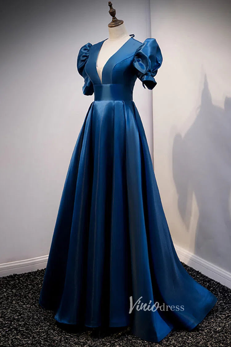 white christmas dresses Classic Blue A-line Satin Prom Dresses with Pockets FD2630 – Viniodress