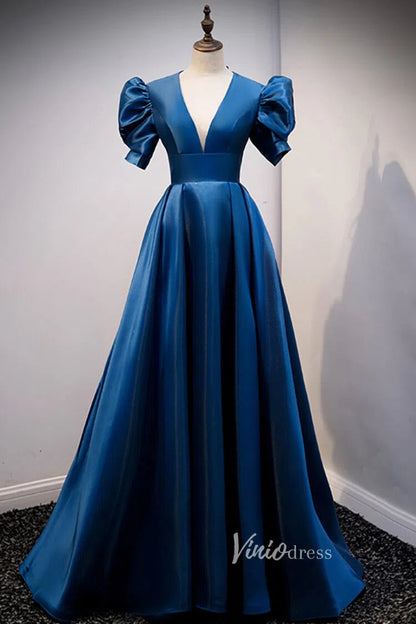 Classic Blue A-line Satin Prom Dresses with Pockets FD2630-prom dresses 2025 -Viniodress-Blue-Custom Size-