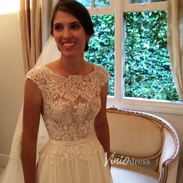 Classic Chiffon Beach Wedding Dress | A-Line Gown with Lace Bodice, Cap Sleeves VW2052-wedding dresses 2025 -Viniodress-Ivory-Custom Size-