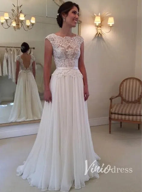 Classic Chiffon Beach Wedding Dress | A-Line Gown with Lace Bodice, Cap Sleeves VW2052-wedding dresses 2025 -Viniodress-Ivory-Custom Size-