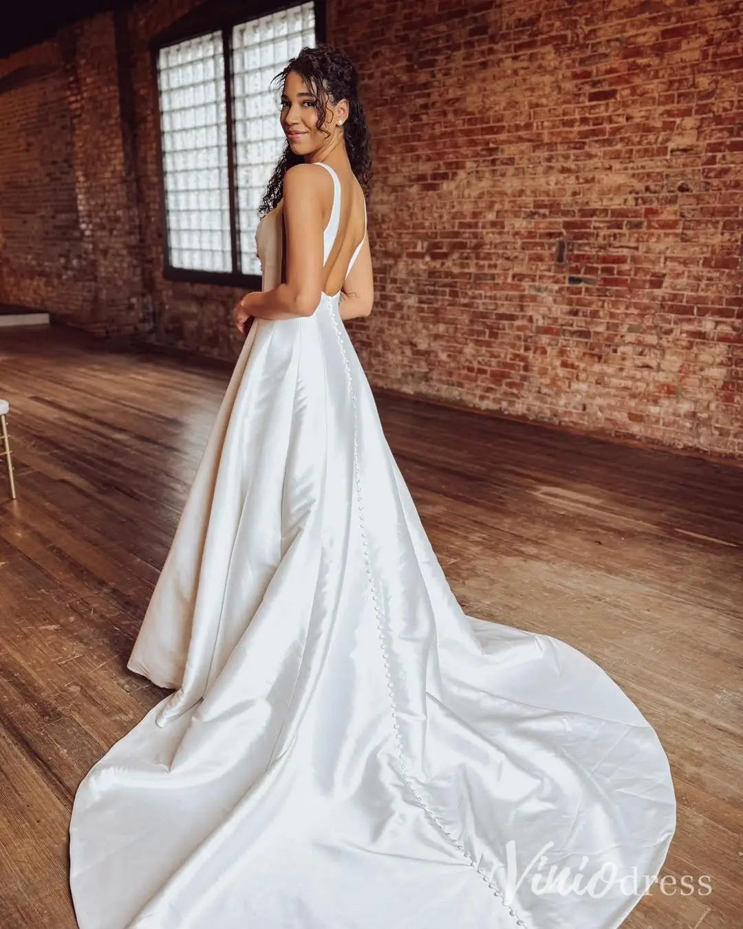 Classic Mikado A-Line Wedding Dress with Square Neckline and Open Back – MS110-wedding dresses 2025 -Viniodress-Ivory-Custom Size-