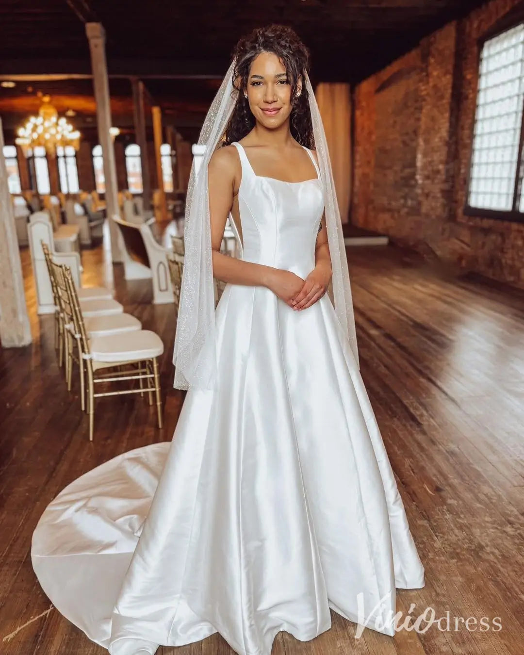 Classic Mikado A-Line Wedding Dress with Square Neckline and Open Back – MS110-wedding dresses 2025 -Viniodress-Ivory-Custom Size-