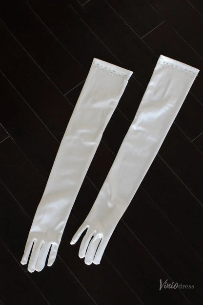 Classic Opera Satin Bridal Gloves with Crystals WG177-Bridal Gloves 2026-Viniodress-Ivory-