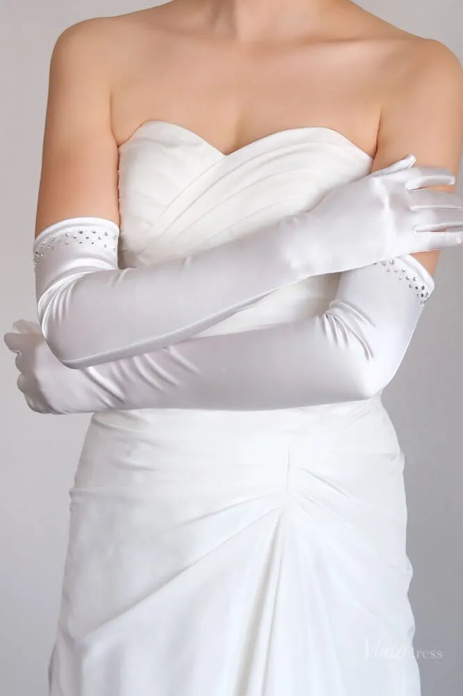 Classic Opera Satin Bridal Gloves with Crystals WG177-Bridal Gloves 2026-Viniodress-Ivory-