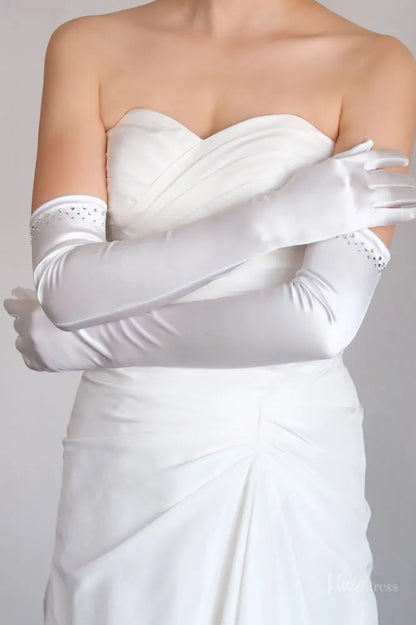 Classic Opera Satin Bridal Gloves with Crystals WG177-Bridal Gloves 2026-Viniodress-Ivory-