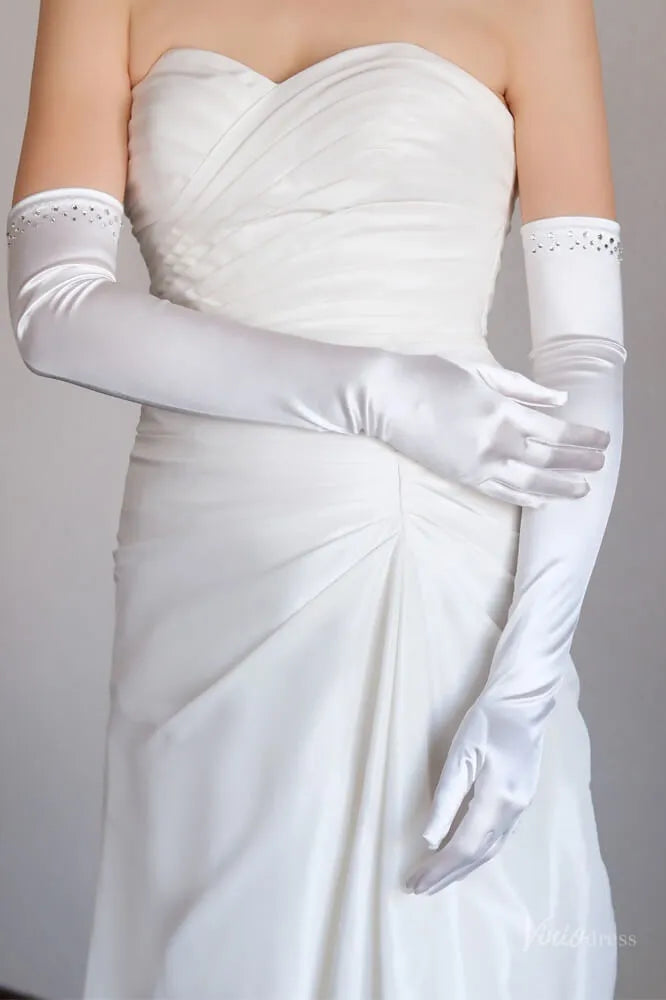 Classic Opera Satin Bridal Gloves with Crystals WG177-Bridal Gloves 2026-Viniodress-Ivory-