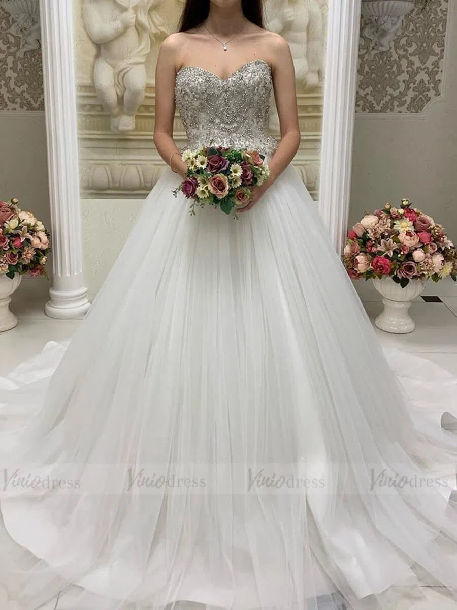 Classic Strapless Beaded Tulle Wedding Dresses with Train VW1356-wedding dresses-Viniodress-As Picture-Custom Size-Viniodress