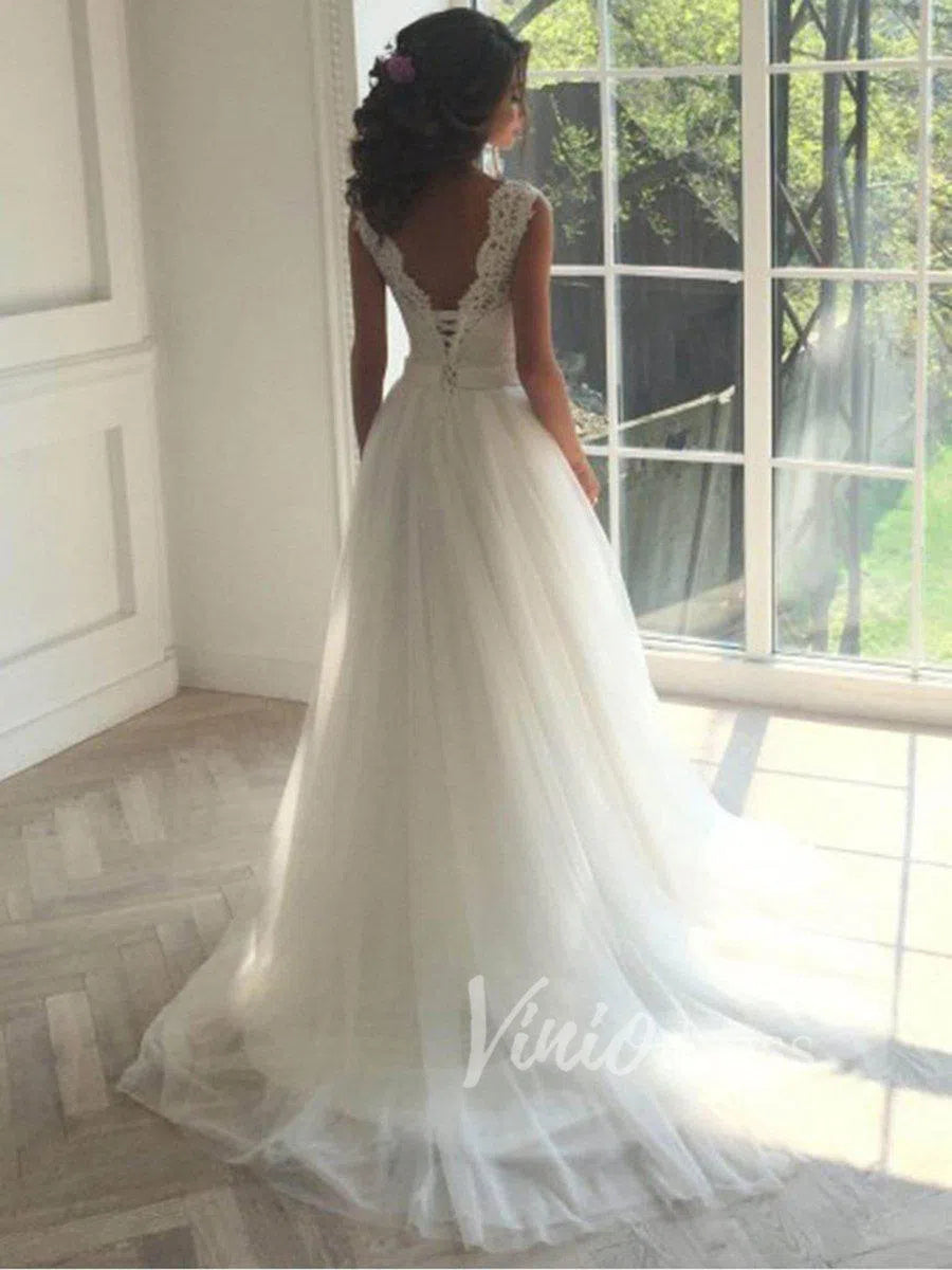 Classic Tulle Beach Wedding Dresses with Lace Bodice VW1234-wedding dresses 2025 -Viniodress-Ivory-Custom Size-