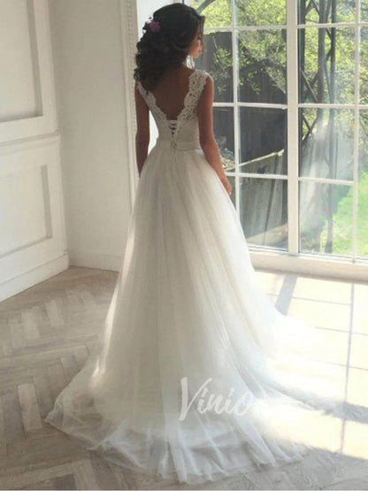 Classic Tulle Beach Wedding Dresses with Lace Bodice VW1234-wedding dresses 2025 -Viniodress-Ivory-Custom Size-