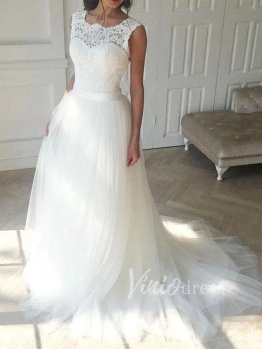 Classic Tulle Beach Wedding Dresses with Lace Bodice VW1234-wedding dresses 2025 -Viniodress-Ivory-Custom Size-