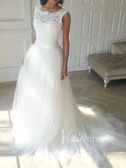 Classic Tulle Beach Wedding Dresses with Lace Bodice VW1234-wedding dresses 2025 -Viniodress-Ivory-Custom Size-