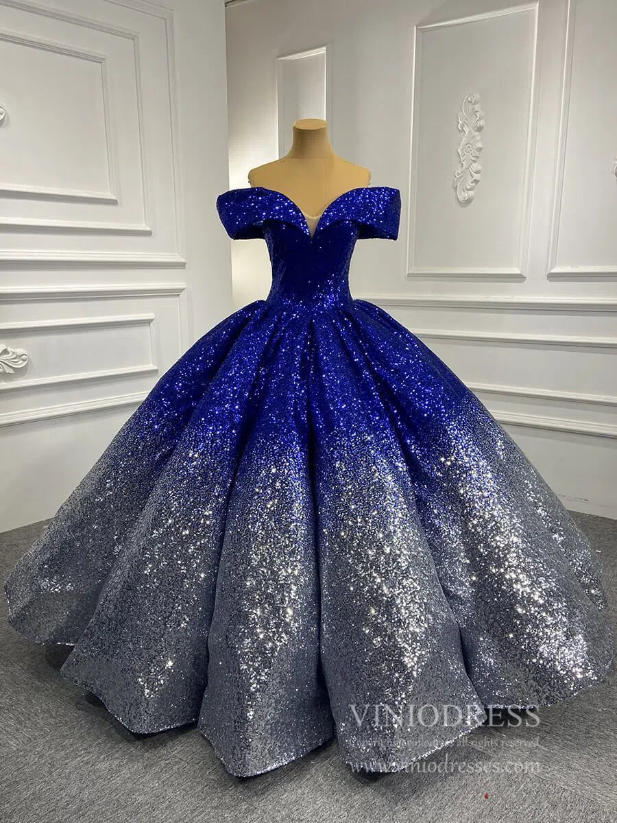 Classy and Vintage Ombre Sequin Ball Gowns Sparkly Quince Dresses FD1766 viniodress-prom dresses 2025 -Viniodress-Blue Silver-Custom Size-