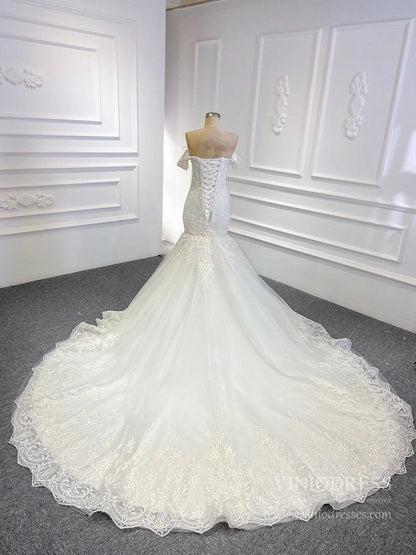 Classy Off-the-Shoulder Mermaid Wedding Dress | Ivory Lace Gown,Corset Back & Cathedral Train VW1763-wedding dresses 2025 -Viniodress-Champagne-Custom Size-