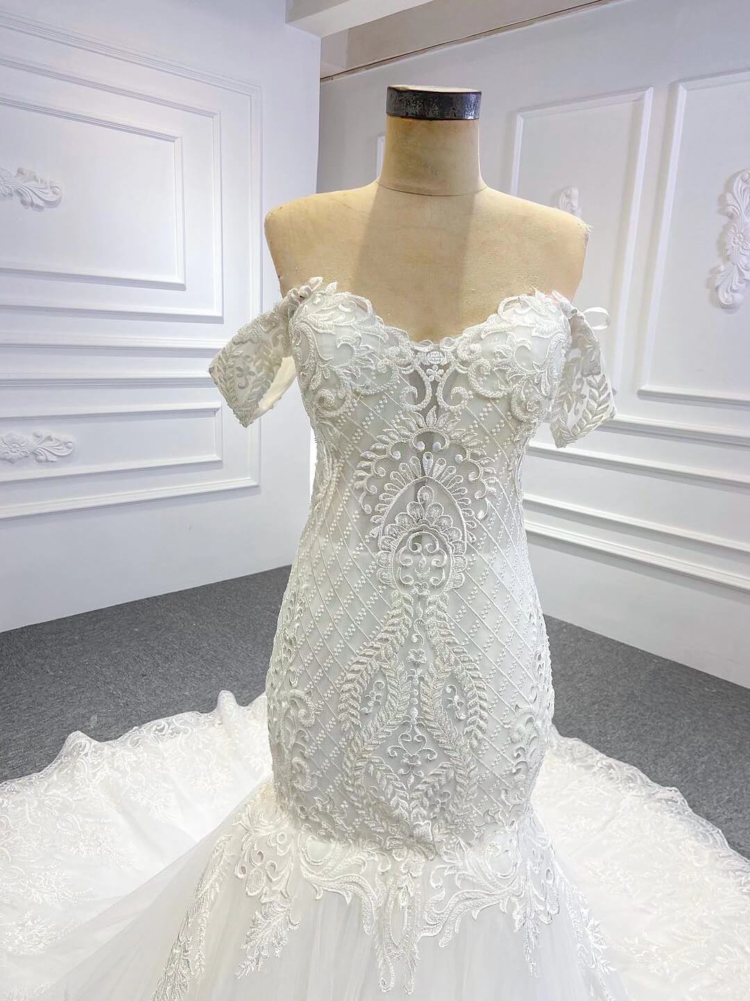 Classy Off-the-Shoulder Mermaid Wedding Dress | Ivory Lace Gown,Corset Back & Cathedral Train VW1763-wedding dresses 2025 -Viniodress-Champagne-Custom Size-