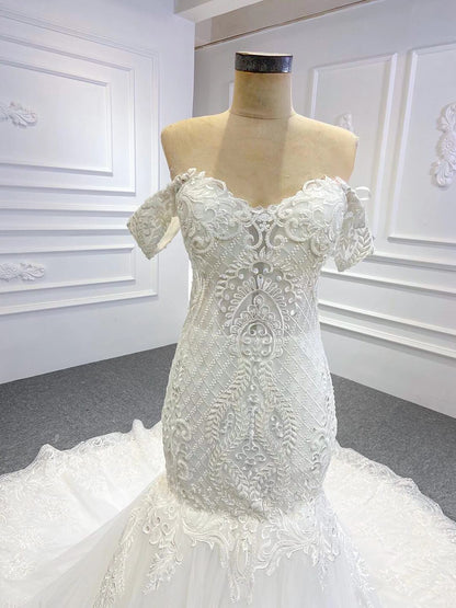 Classy Off-the-Shoulder Mermaid Wedding Dress | Ivory Lace Gown,Corset Back & Cathedral Train VW1763-wedding dresses 2025 -Viniodress-Champagne-Custom Size-