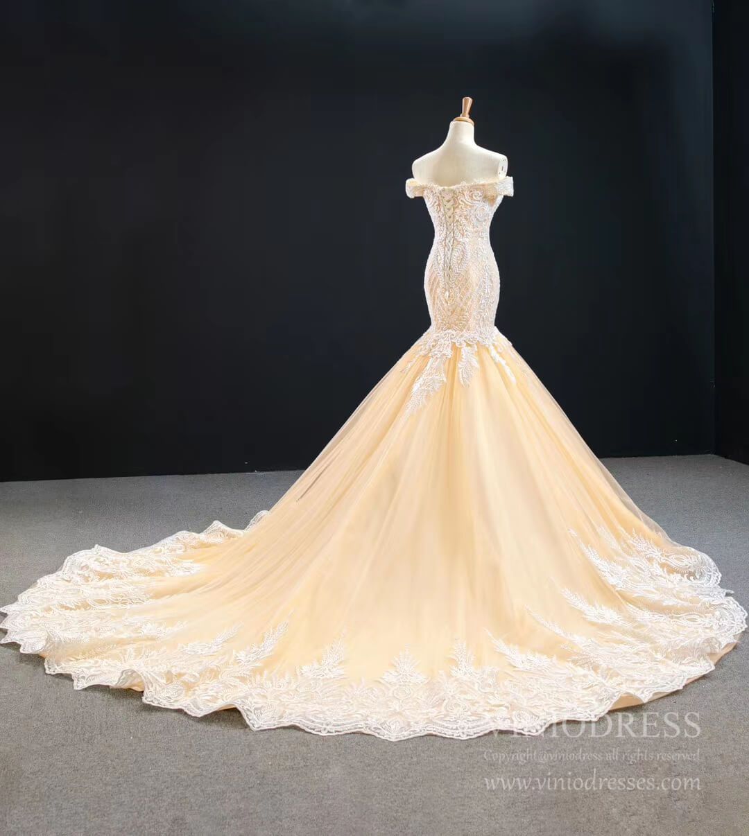 Classy Off-the-Shoulder Mermaid Wedding Dress | Ivory Lace Gown,Corset Back & Cathedral Train VW1763-wedding dresses 2025 -Viniodress-Champagne-Custom Size-