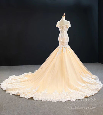 Classy Off-the-Shoulder Mermaid Wedding Dress | Ivory Lace Gown,Corset Back & Cathedral Train VW1763-wedding dresses 2025 -Viniodress-Champagne-Custom Size-