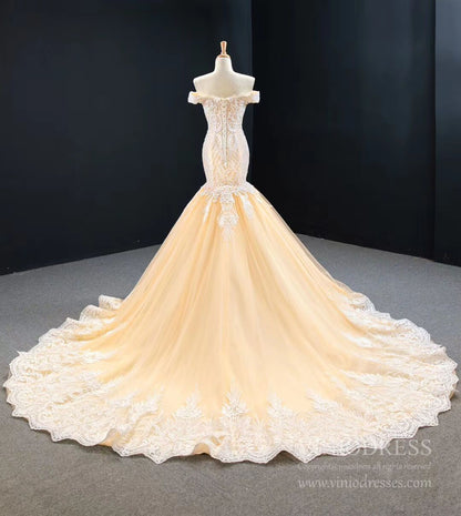 Classy Off-the-Shoulder Mermaid Wedding Dress | Ivory Lace Gown,Corset Back & Cathedral Train VW1763-wedding dresses 2025 -Viniodress-Champagne-Custom Size-