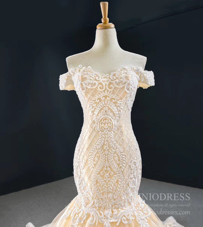 Classy Off-the-Shoulder Mermaid Wedding Dress | Ivory Lace Gown,Corset Back & Cathedral Train VW1763-wedding dresses 2025 -Viniodress-Champagne-Custom Size-