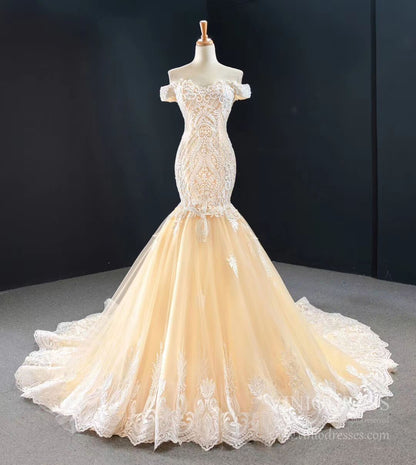 Classy Off-the-Shoulder Mermaid Wedding Dress | Ivory Lace Gown,Corset Back & Cathedral Train VW1763-wedding dresses 2025 -Viniodress-Champagne-Custom Size-