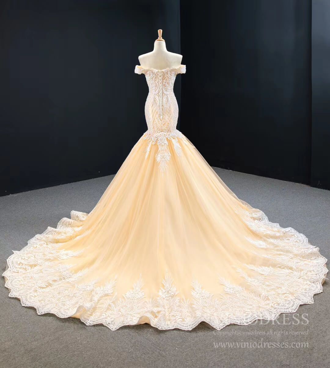 Classy Off-the-Shoulder Mermaid Wedding Dress | Ivory Lace Gown,Corset Back & Cathedral Train VW1763-wedding dresses 2025 -Viniodress-Champagne-Custom Size-
