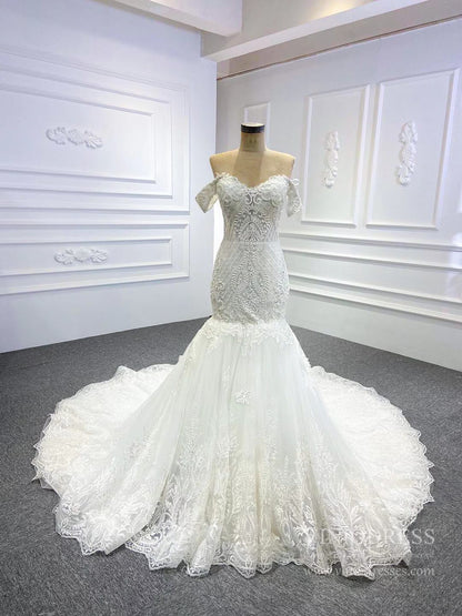 Classy Off-the-Shoulder Mermaid Wedding Dress | Ivory Lace Gown,Corset Back & Cathedral Train VW1763-wedding dresses 2025 -Viniodress-Champagne-Custom Size-