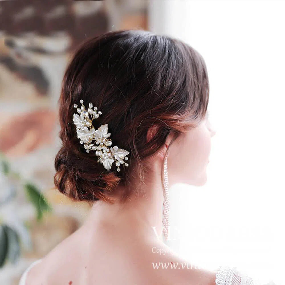 Classy Pearl and Crystal Bridal Headpieces Comb AC1062-Headpieces 2025 -Viniodress-Gold-