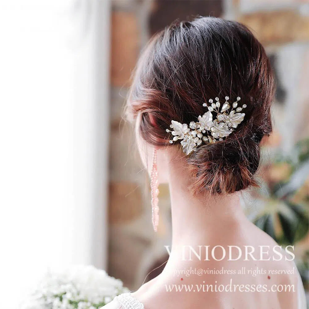 Classy Pearl and Crystal Bridal Headpieces Comb AC1062-Headpieces 2025 -Viniodress-Gold-