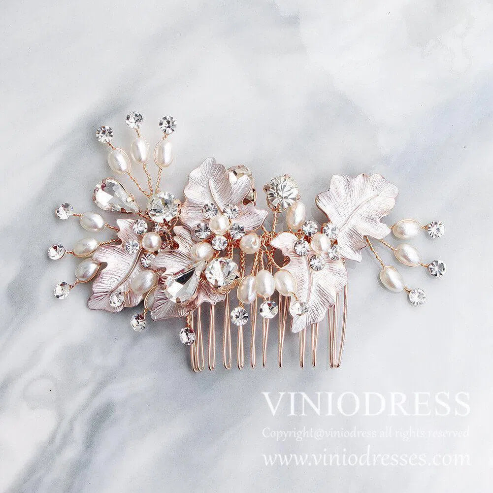 Classy Pearl and Crystal Bridal Headpieces Comb AC1062-Headpieces 2025 -Viniodress-Rose Gold-