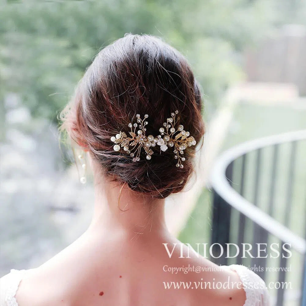 Classy Pearl and Crystal Spary Hair Comb AC1044-Headpieces 2025 -Viniodress-Gold-