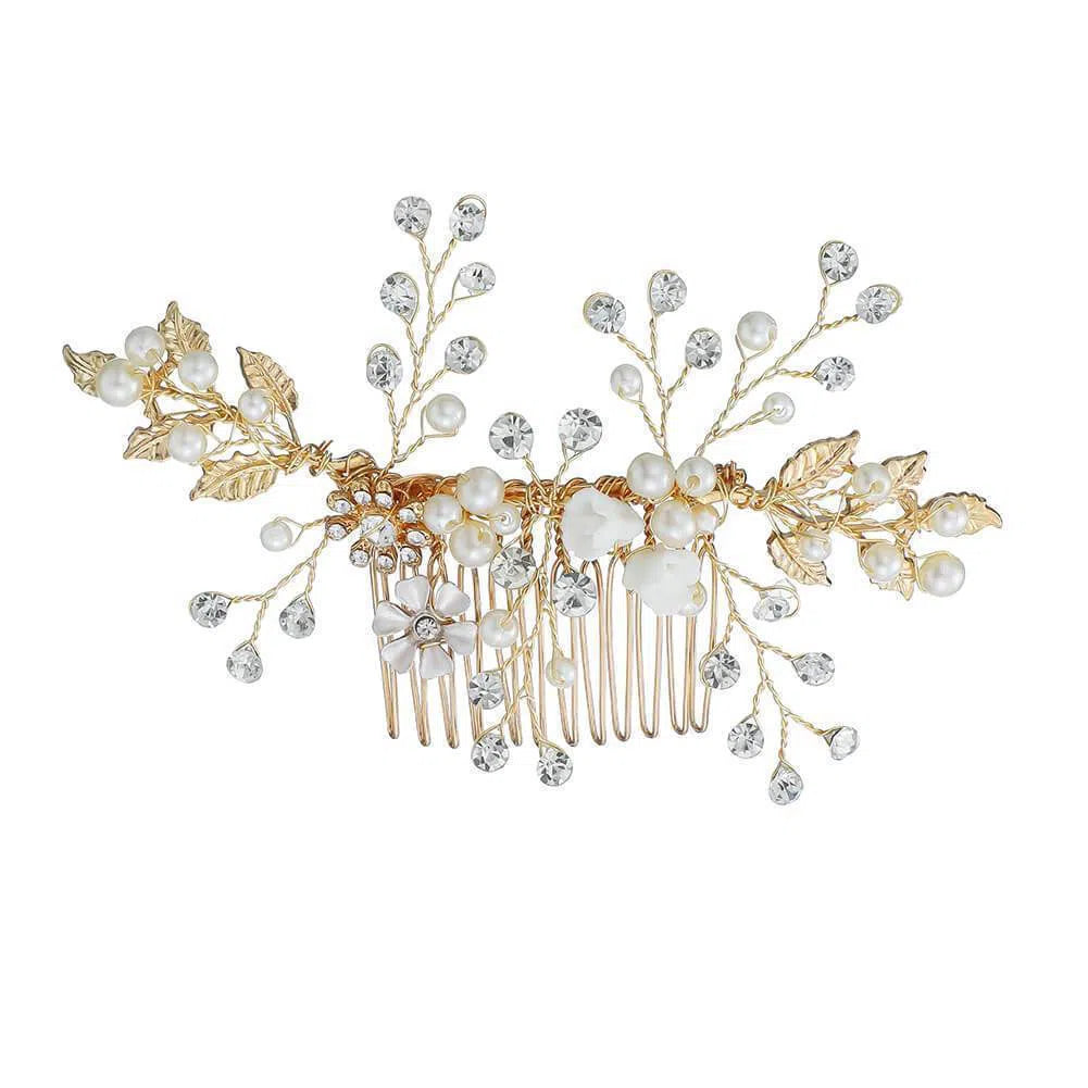 Classy Pearl and Crystal Spary Hair Comb AC1044-Headpieces 2025 -Viniodress-Gold-