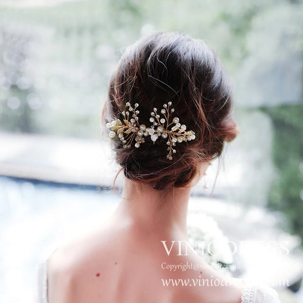 Classy Pearl and Crystal Spary Hair Comb AC1044-Headpieces 2025 -Viniodress-Gold-
