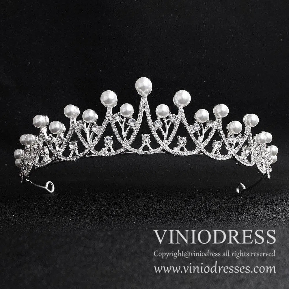 Classy Pearl Bridal Tiara with Tiny Crystals AC1039-Headpieces-Viniodress-Viniodress