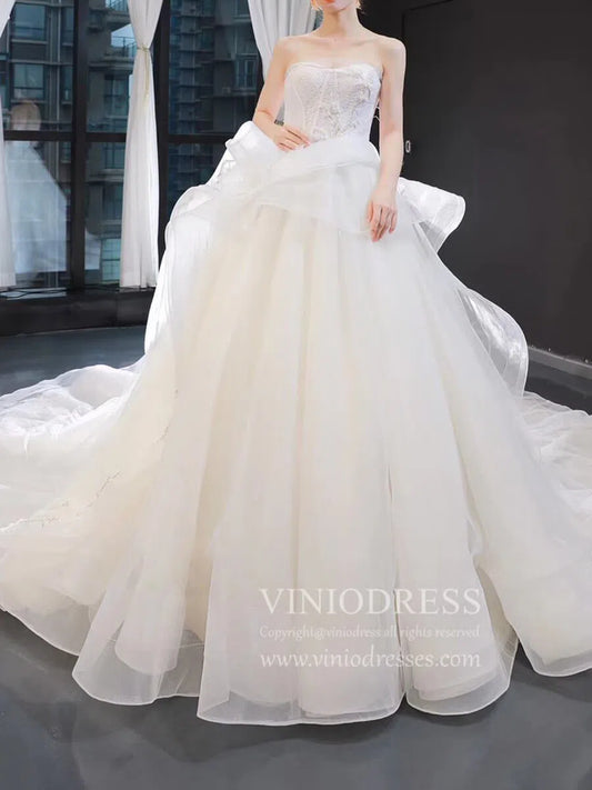 Classy Strapless Wedding Dresses Cathedral Train Ball Gown Lace Bodice VW1423-wedding dresses-Viniodress-Ivory-Custom Size-Viniodress